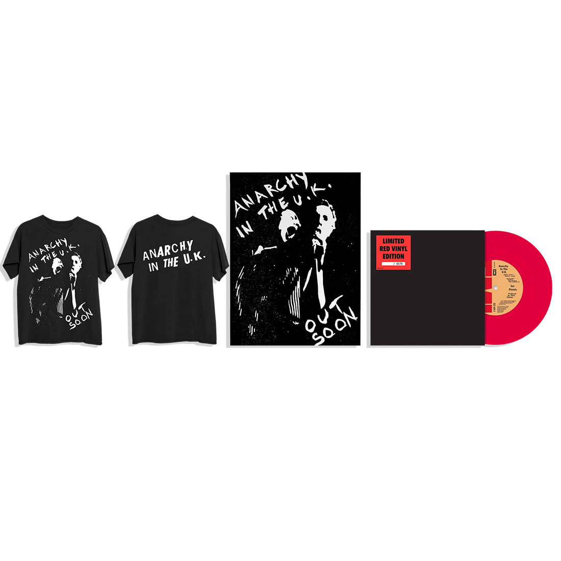 Anarchy in The UK: Exclusive Red Vinyl 7" + Anarchy in the UK Out Soon Black T-Shirt + Anarchy in the UK Out Soon Poster